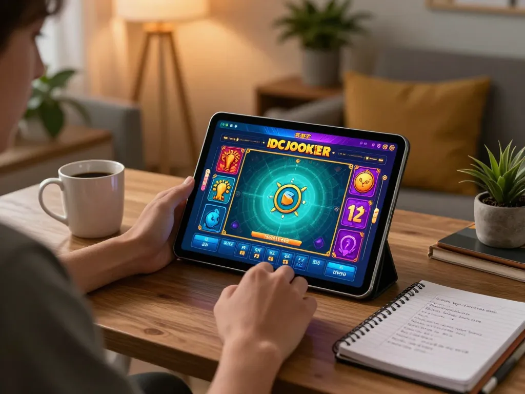 Engaging in Slot IDCJOKER game strategies at home using a tablet for optimal online gambling experience.