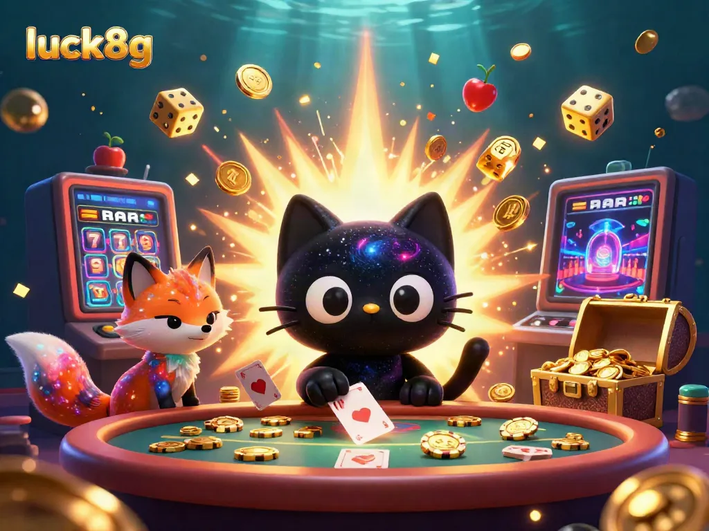 Experience the thrill of luck8g with a cosmic casino scene filled with colorful characters, golden chips, and jackpot excitement.