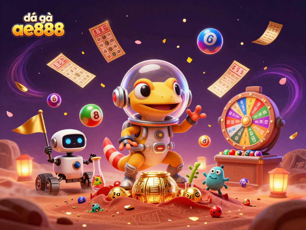 Engage with the excitement of đá gà ae888 in this vibrant 3D casino illustration featuring a Martian gecko and lottery elements.