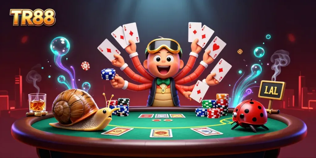 Experience exciting gaming with TR88 in this vibrant casino scene featuring animated dealers and poker elements.