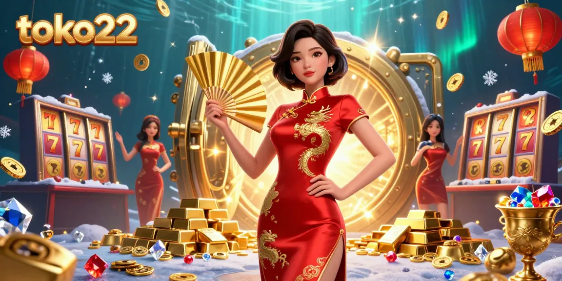 Engage with toko22's vibrant online casino featuring slot machines, gold coins, and a confident Asian woman.