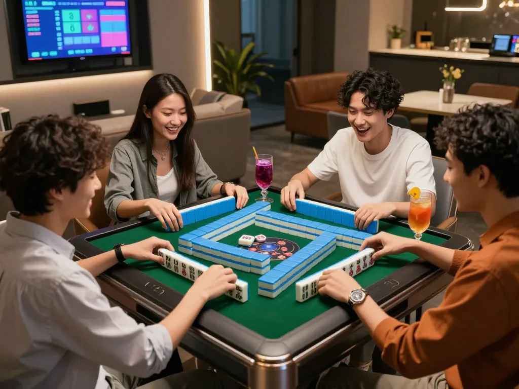 Pola andalan Mahjong Ways bersama teman-teman yang menikmati malam permainan yang meriah, ubin berwarna-warni dan minuman di meja yang stylish.