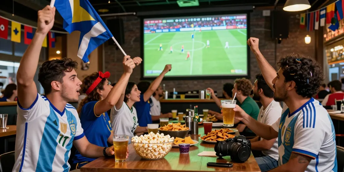 Suasana penggemar menyaksikan prediksi piala dunia 2026 di bar olahraga, penuh semangat.