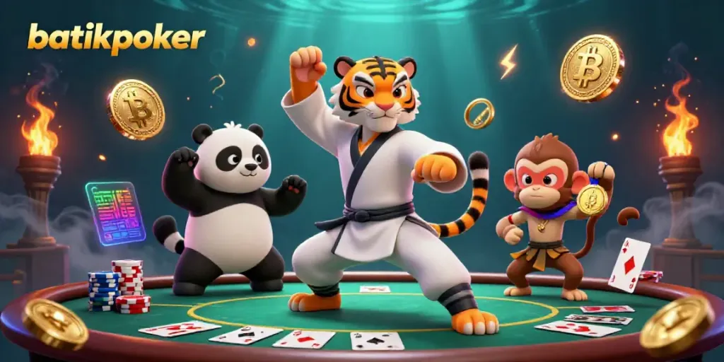 Gambarkan batikpoker dengan poker meja dan karakter kartun kung fu di latar belakang.