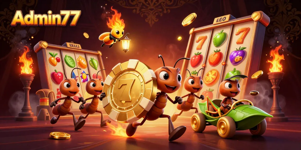 Admin77 showcases a thrilling heist with cartoon ants carrying a giant poker chip and vibrant game elements.