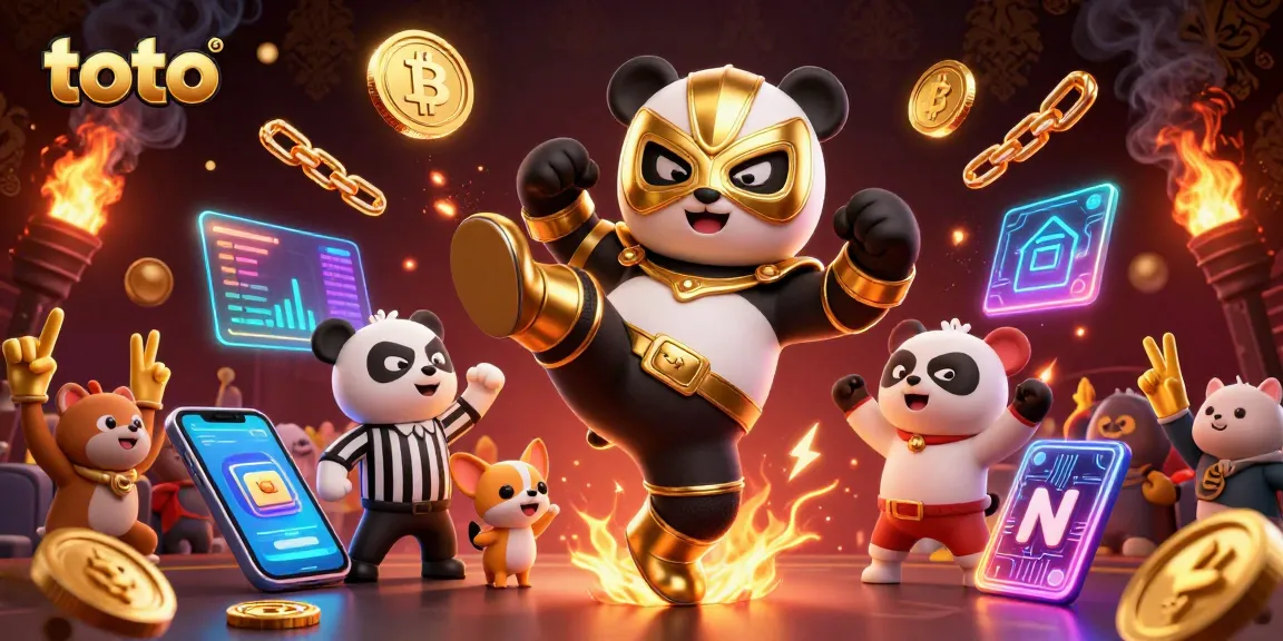 Toto thrills as a panda wrestler kicks, surrounded by vibrant casino crypto elements.