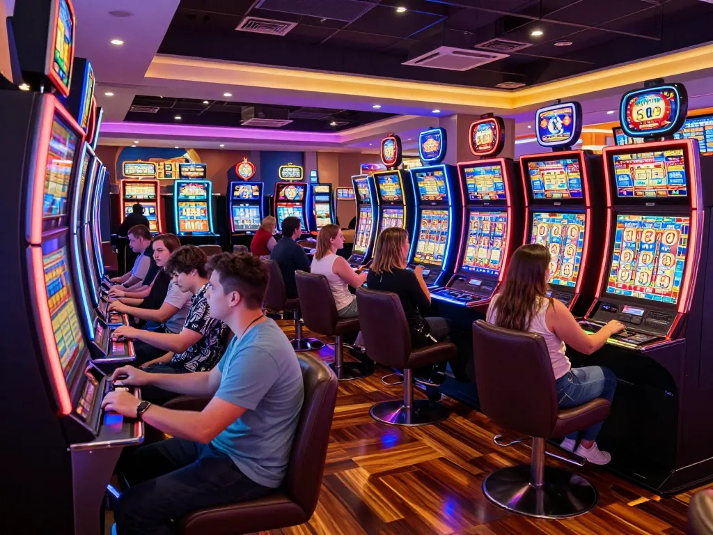 Engaged players enjoying situs slot gacor at vibrant slot machine area in casino.