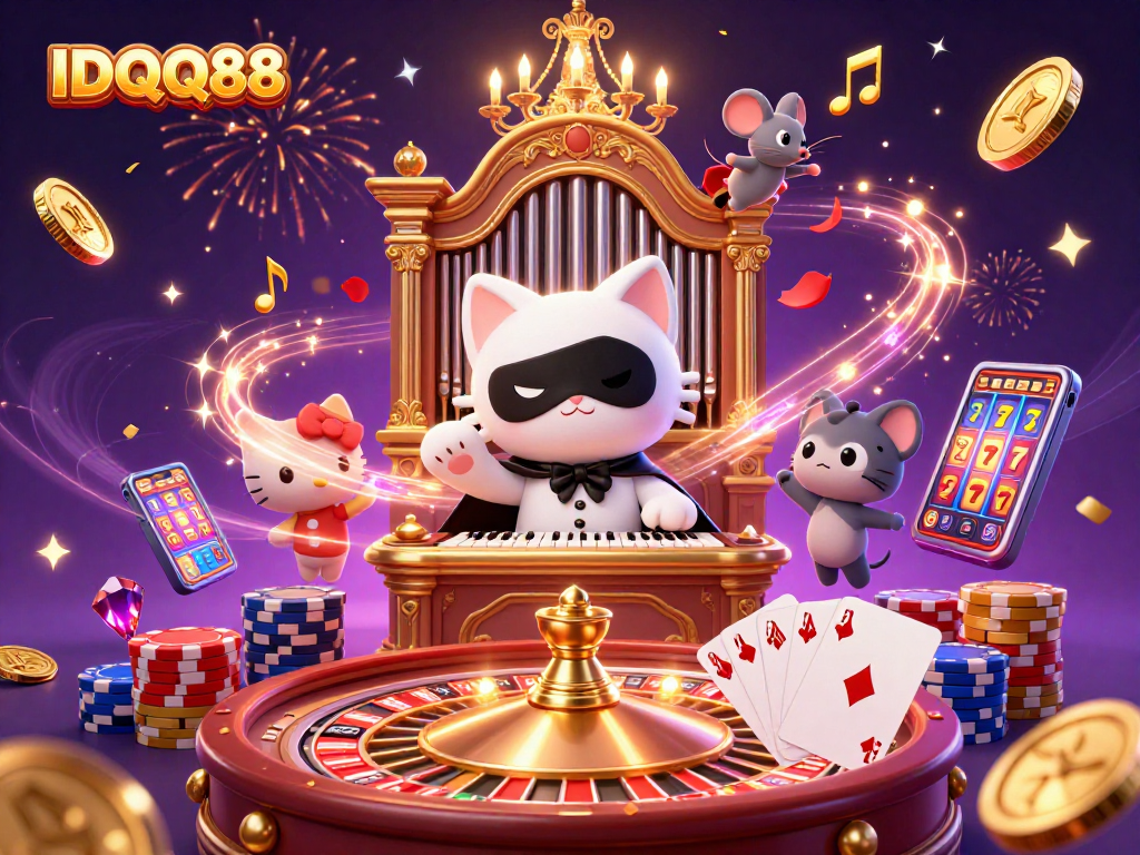 Engage with IDQQ88's vibrant casino scene featuring a masked cat, acrobat mouse, and dynamic game elements.