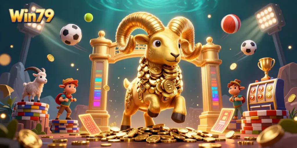 Win79 invites players to experience thrilling games with a golden ram charging through a vibrant gaming scene.