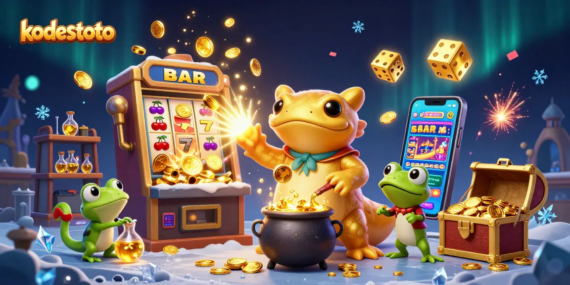 Play kodestoto slots with 3D cartoon alchemist, jackpot, and colorful casino elements