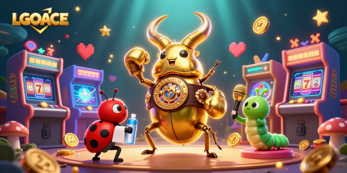 LGOACE presents a captivating 3D scene with a giant golden stag beetle, ladybug corner-man, and caterpillar announcer in an exhilarating gaming atmosphere.