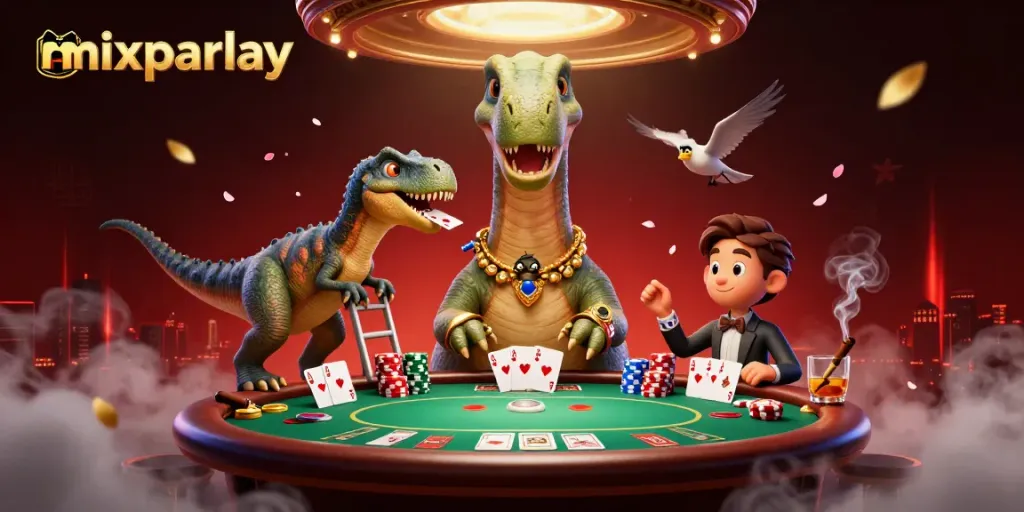 Menghasilkan mixparlay dengan dinosaurus dan dealer kartu di kasino yang megah.