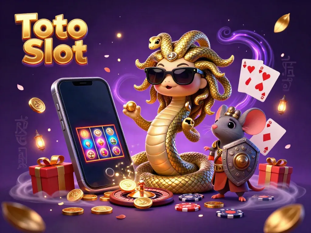 Gambarkan pengalaman bermain Toto Slot dengan Medusa dan mouse pejuang di latar kasino yang magis.