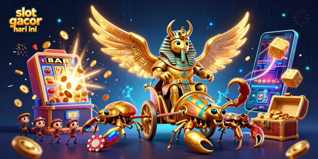 Slot gacor hari ini menunjukkan ilustrasi kasino dengan scarab raksasa dan mesin slot berkilauan.