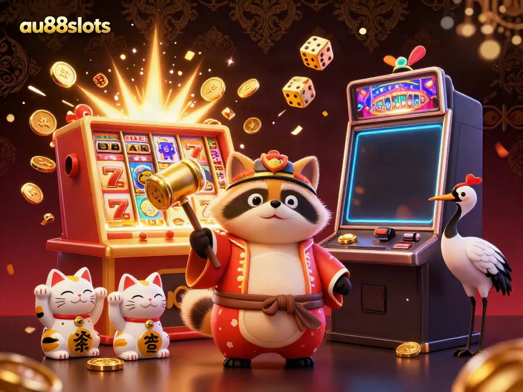 Experience the excitement at au88slots with a cheerful tanuki and fortune cats surrounded by dazzling slot machine action.