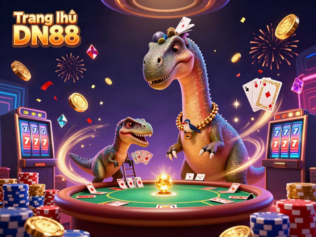 Experience the excitement of Trang chủ DN88 with vibrant, dynamic casino elements including a playful brontosaurus and raptor dealer