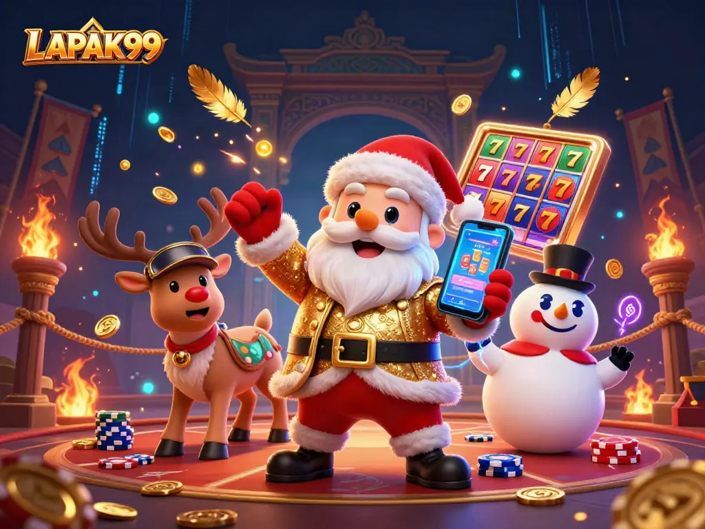 LAPAK99 slots come alive with Santa, reindeer, and a snowman amidst vibrant casino elements.