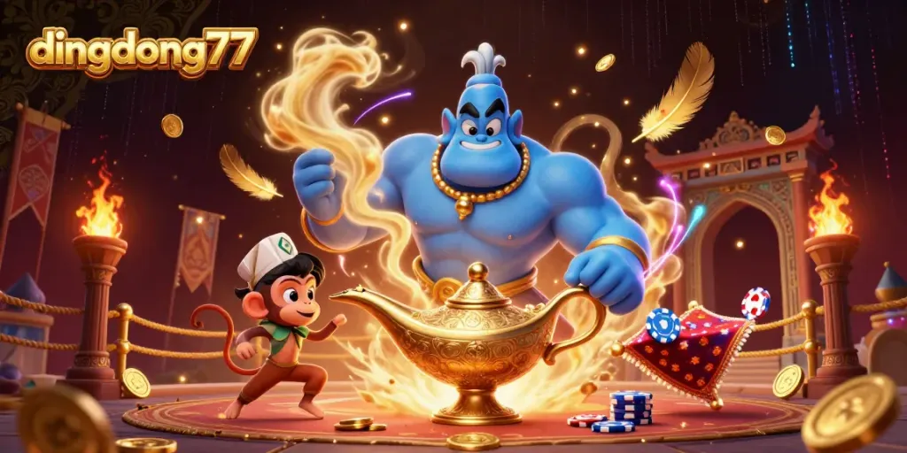 Engage with dingdong77 as a massive genie bursts from a lamp, capturing the magic of online slots.