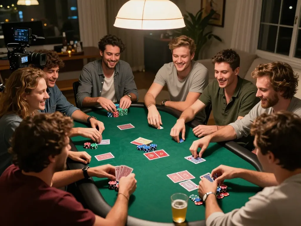 Sahabat yang terlibat dalam permainan poker yang menarik, mengintegrasikan strategi ondel4d di lingkungan rumah yang hidup.