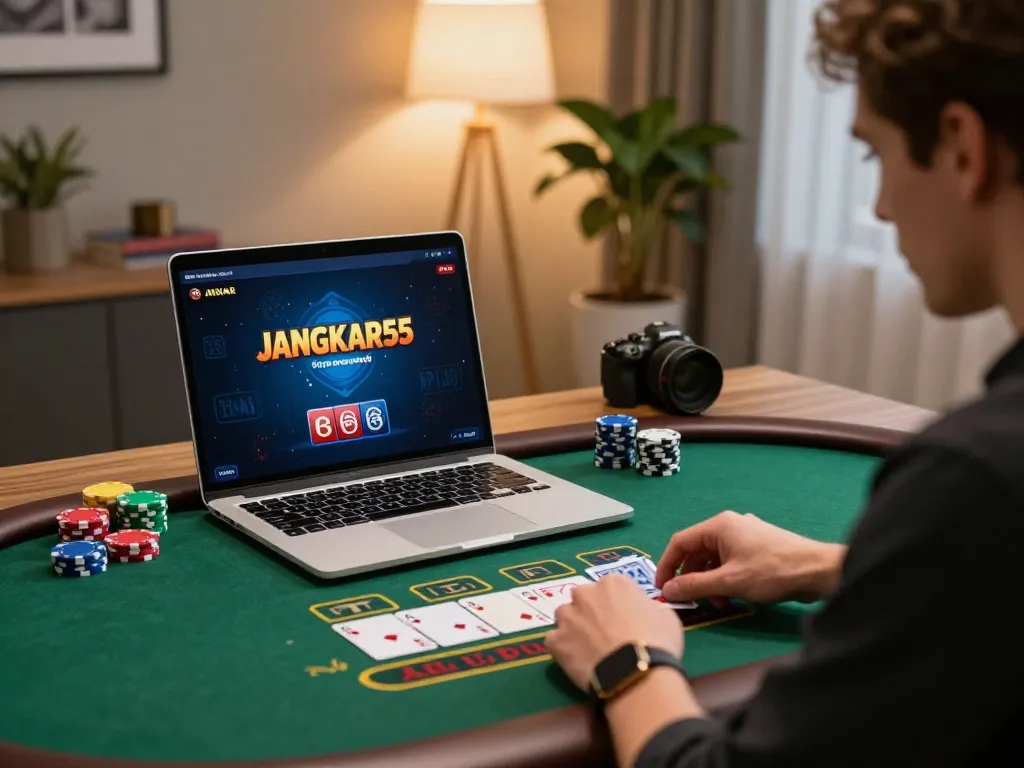 Engaging in live dealer blackjack on JANGKAR55 laptop in a stylish home office.