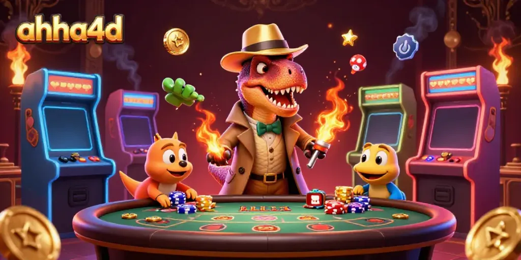Memperlihatkan velociraptor cerdas di meja blackjack di situs ahha4d dengan elemen kasino yang menarik.