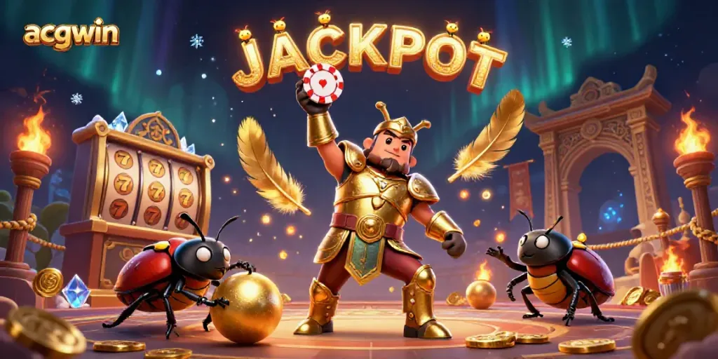 Experience acgwin as the victorious beetle raises a poker chip in a vibrant 3D casino scene.