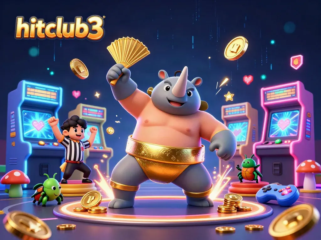 Experience the excitement of hitclub3 with a vibrant 3D illustration showcasing a beetle champion and arcade elements.