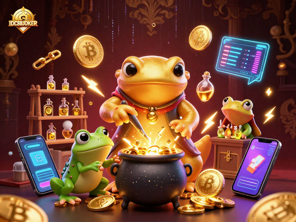 Experience immersive gaming with IDC88JOKER’s vibrant 3D digital casino scene filled with gold and crypto.