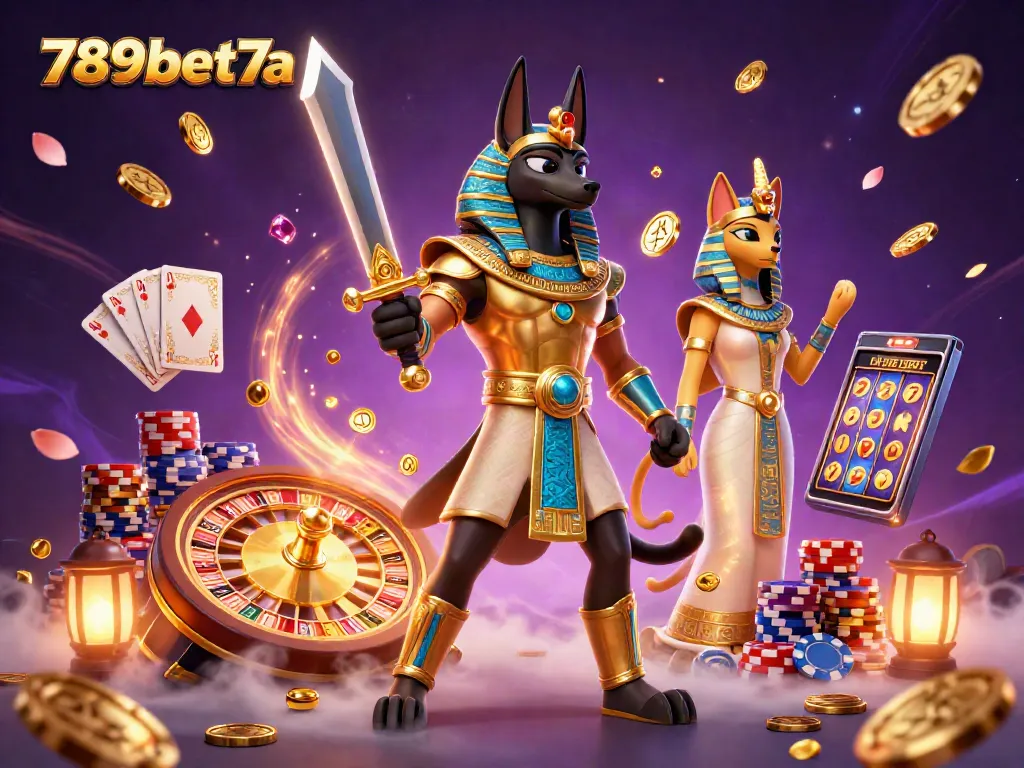 Bet big on 789bet7a featuring a dynamic casino scene with Anubis and Bastet surrounded by rich gaming elements.
