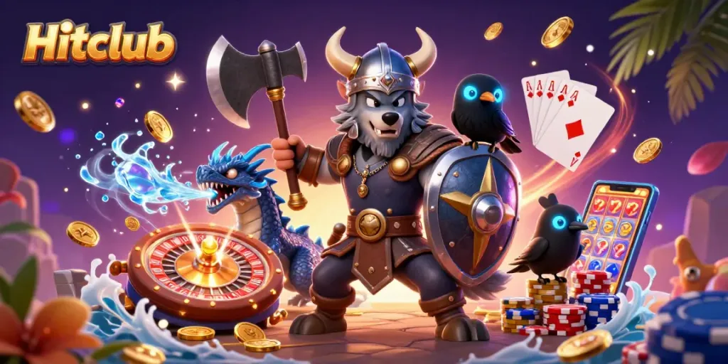 Experience the excitement of Hitclub with a dynamic 3D gaming scene featuring a Viking wolf warrior and treasures.