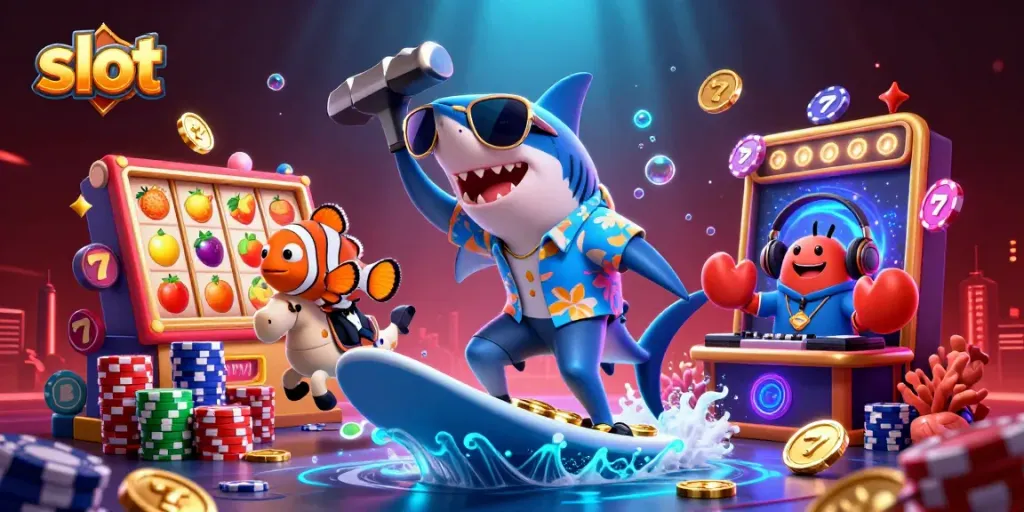 Experience exciting slot action with a shark surfing gold coins and charming sea creatures in this vibrant casino scene.