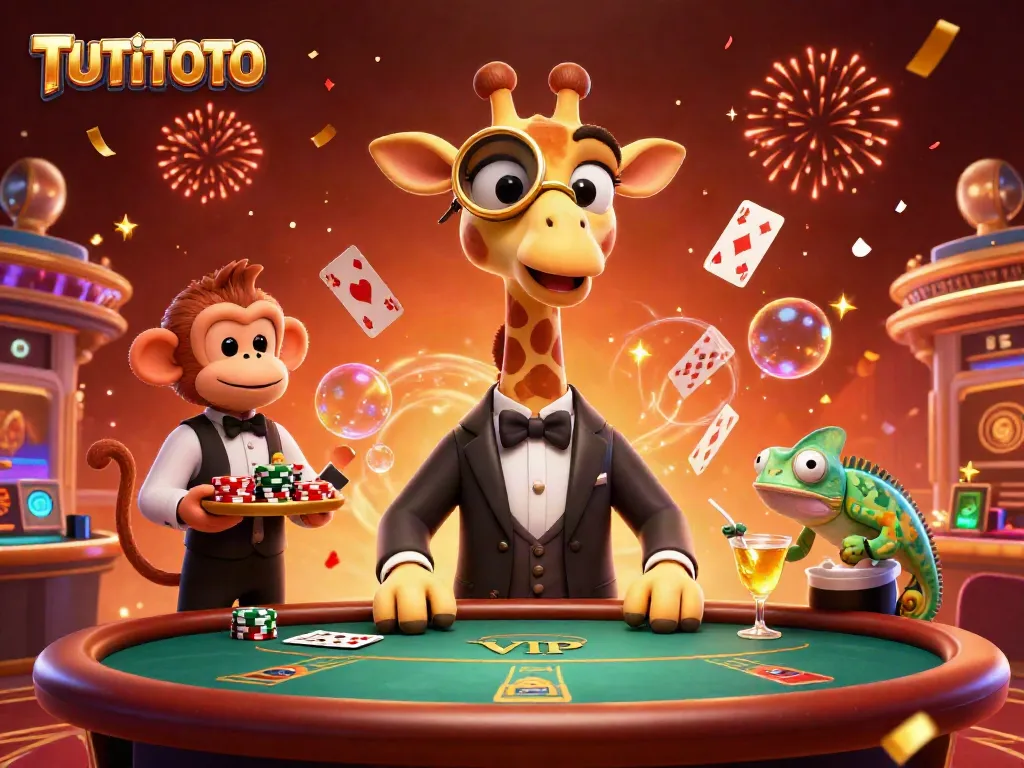 TUTITOTO's vibrant casino illustration featuring a high-roller giraffe at a poker table amidst playful casino elements.