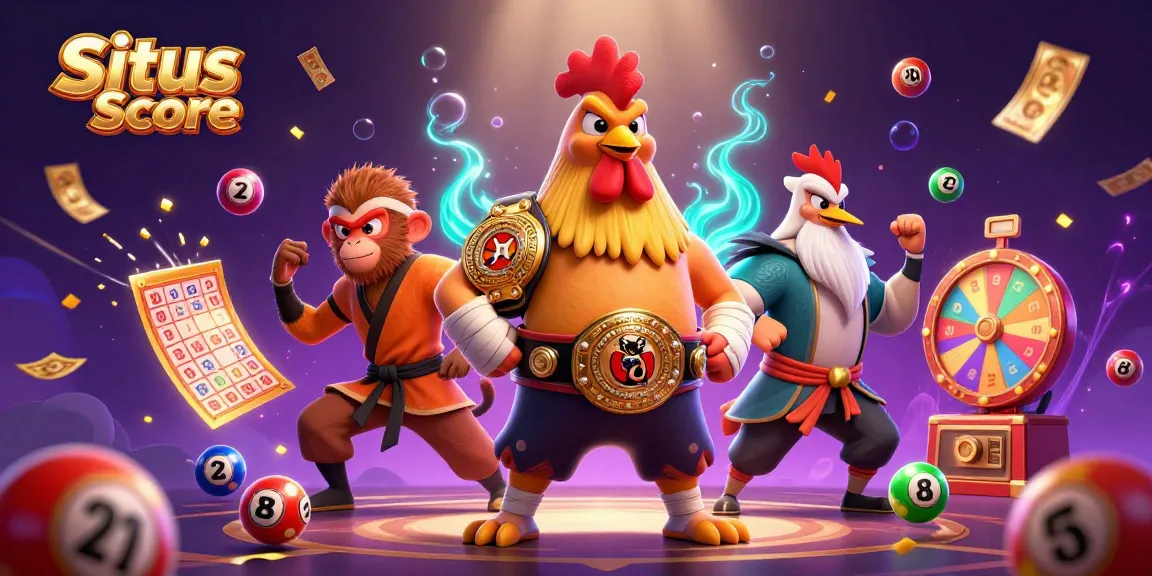 Situs Live Score showcases an exciting scene with animated lottery elements and vibrant characters to attract players.