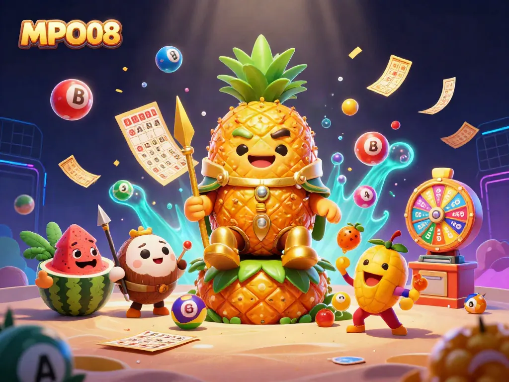 Engage with MPO08's golden slot gaming characters at a vibrant beach casino.