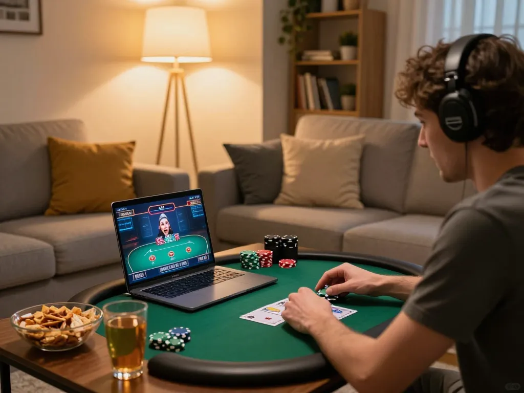 Player engaged in online poker at https://ww88b.com/ in cozy home setting, showcasing excitement and strategy.