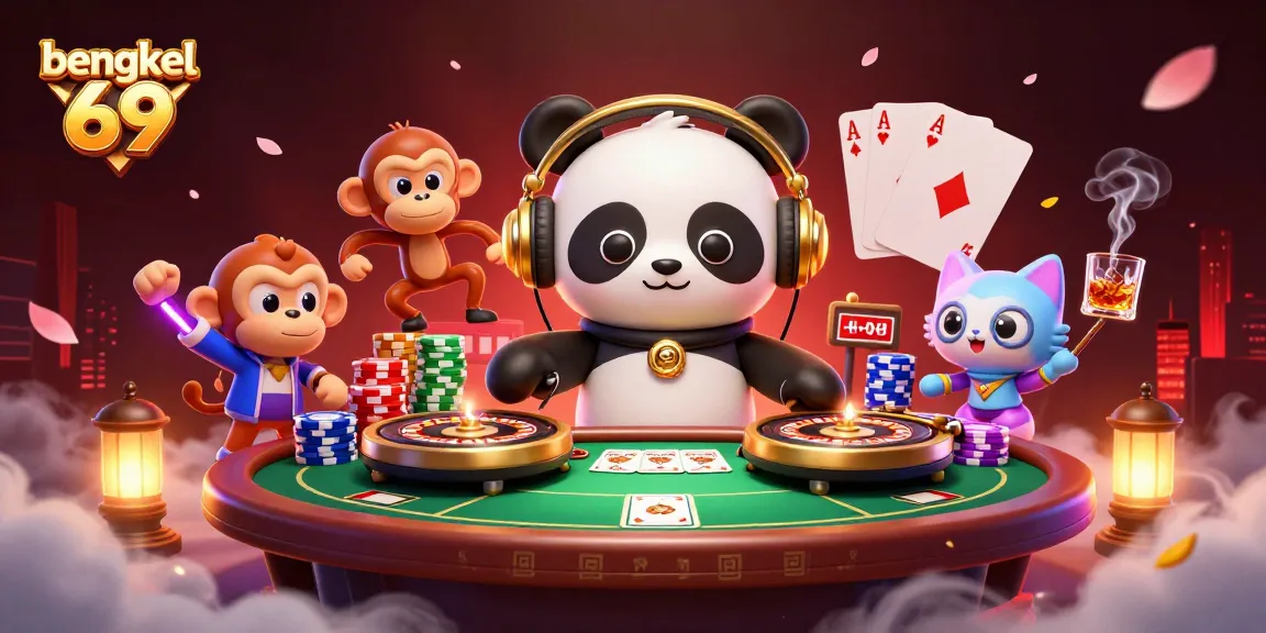 Bengkel 69 showcases a vibrant online casino scene with a DJ panda and a breakdancing monkey.