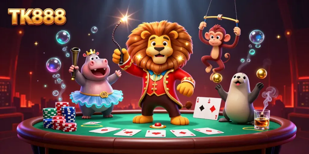 Engaging illustration showcasing TK888's vibrant casino atmosphere with animated characters and game elements.