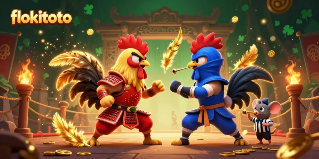 Engage in epic battles at flokitoto, featuring roosters in samurai and ninja styles amidst swirling golden feathers and casino elements.