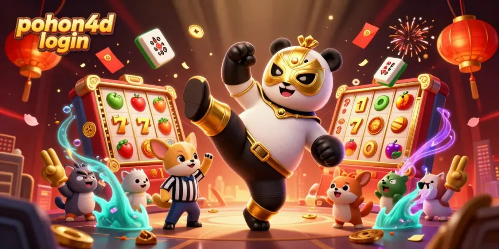 Experience the excitement of pohon4d login with vibrant slot reels and a thrilling wrestling showdown!