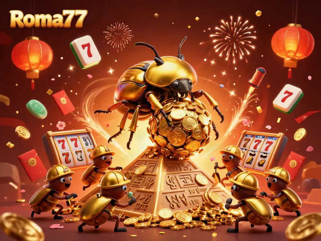 Engage in thrilling slots action with Roma77, featuring vibrant golden elements and dynamic gameplay.