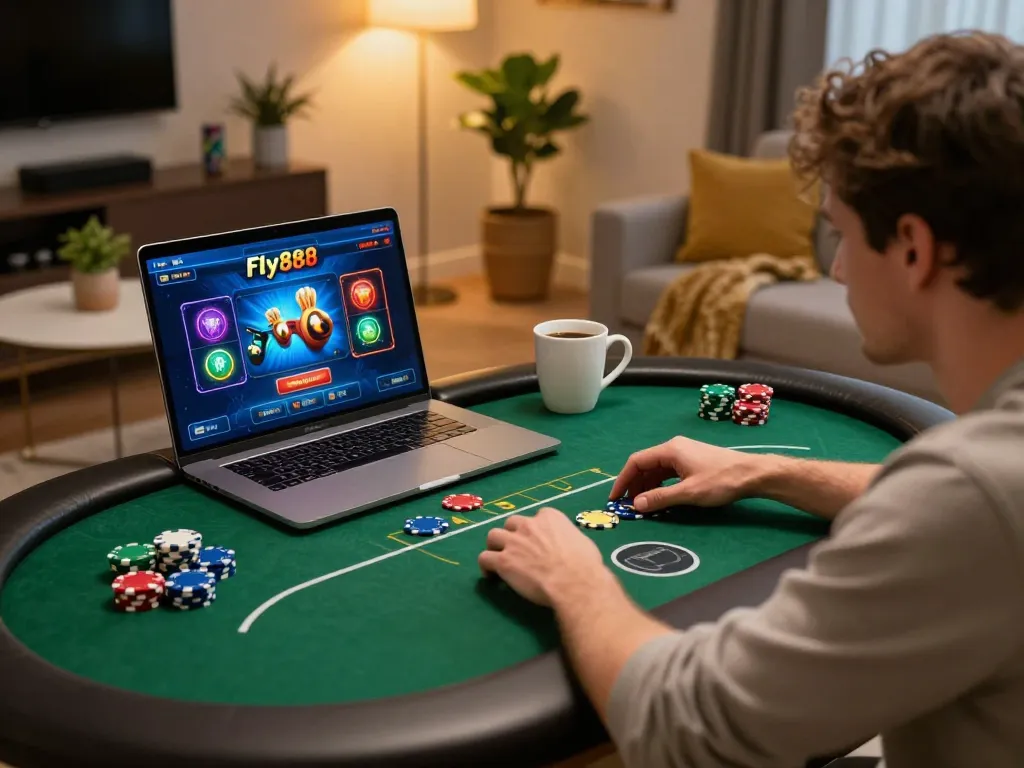 A player engaging with the fly888 online poker game from a cozy home setup, showcasing strategic gameplay.