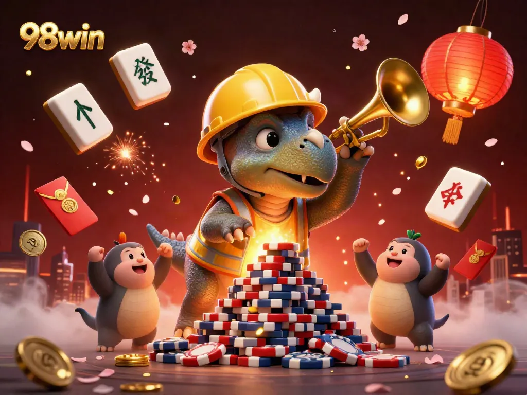 Celebrate with 98win as a triceratops builds a poker chip pyramid in this vibrant casino scene.