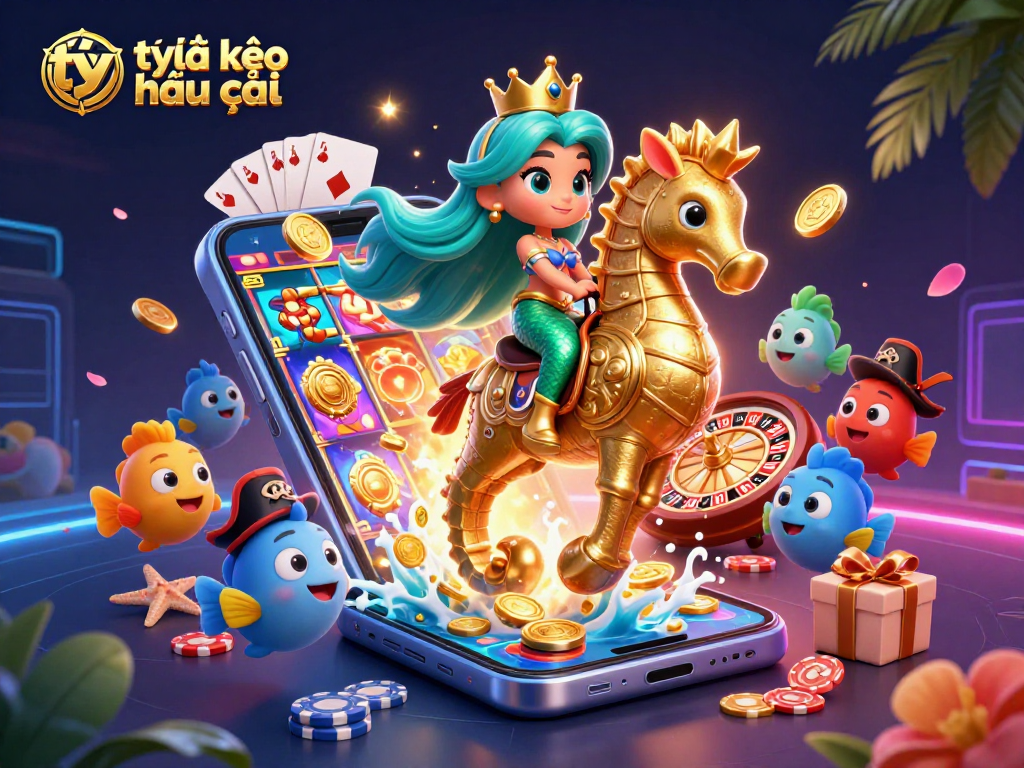Experience thrilling tỷ lệ kèo nhà cái action with a mermaid princess and her seahorse in this vibrant casino scene.