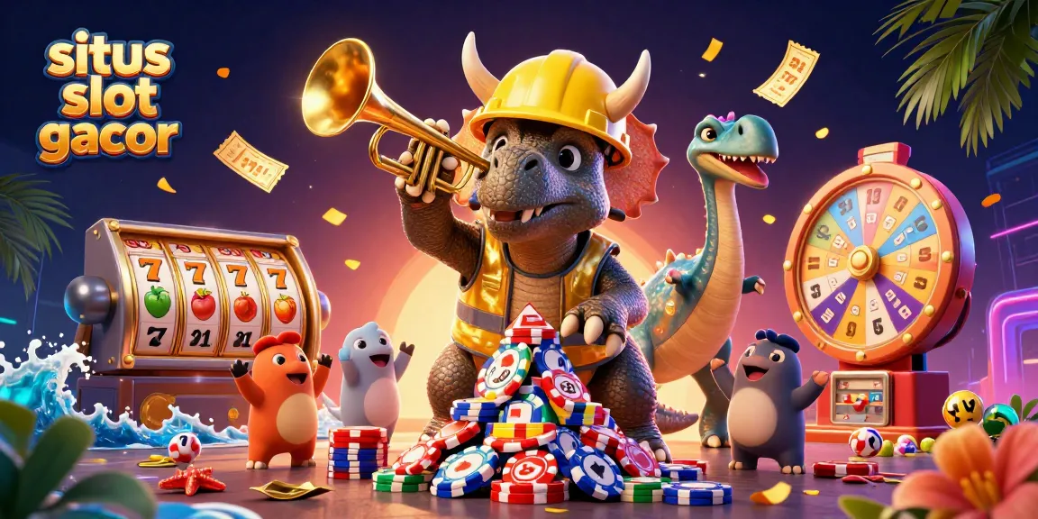 Menyambut keseruan di situs slot gacor dengan triceratops membangun tumpukan chip poker yang dikelilingi elemen kasino.