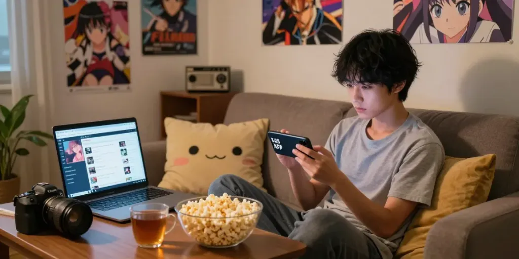 Kucing APK digunakan pada smartphone oleh penggemar anime yang nyaman di ruang tamu dengan suasana hangat.