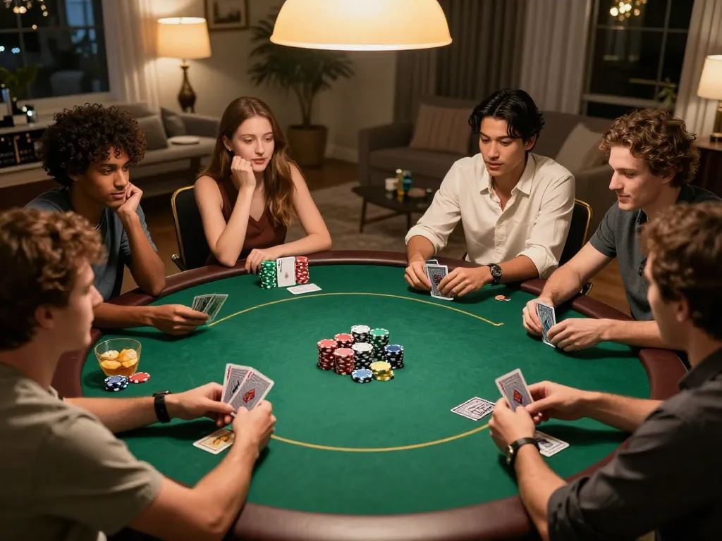 Friends enjoying a strategic poker game at home with chips and cards, highlighting nego77 gaming experience.