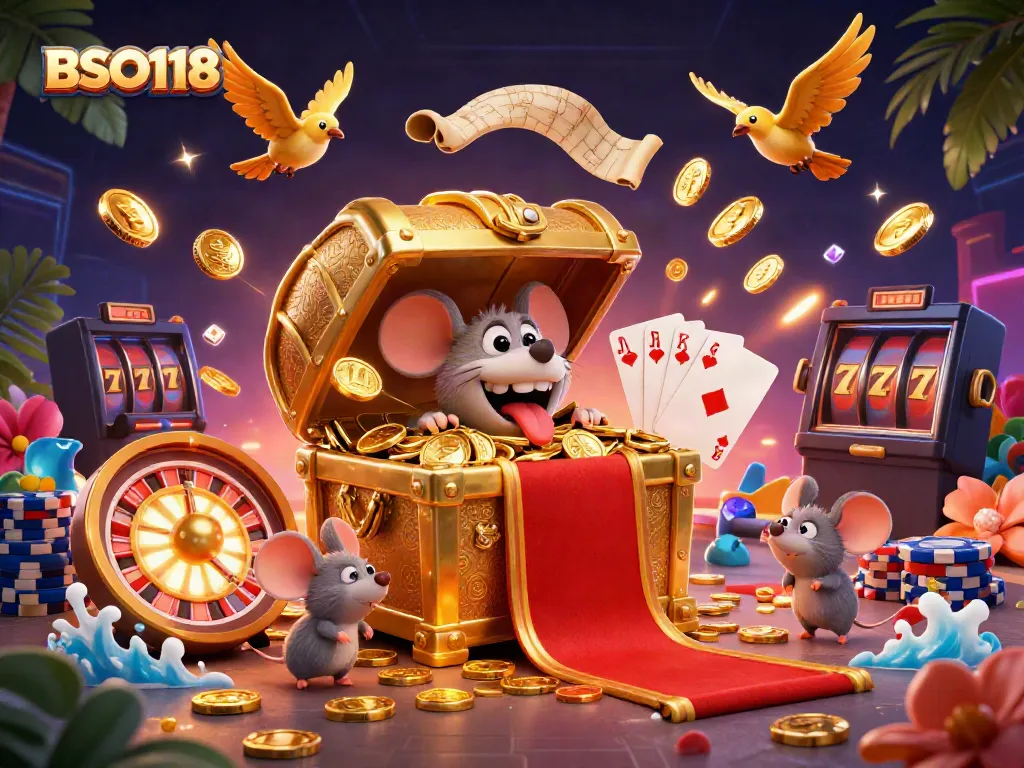 Engage in thrilling slot adventures with BSO118, surrounded by dynamic casino elements.