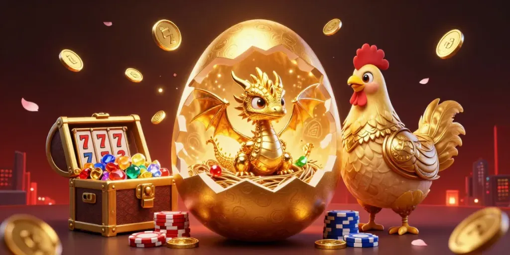 Gambaran nerdragecomic dengan naga emas di atas chip poker, simbol mesin slot berhamburan.
