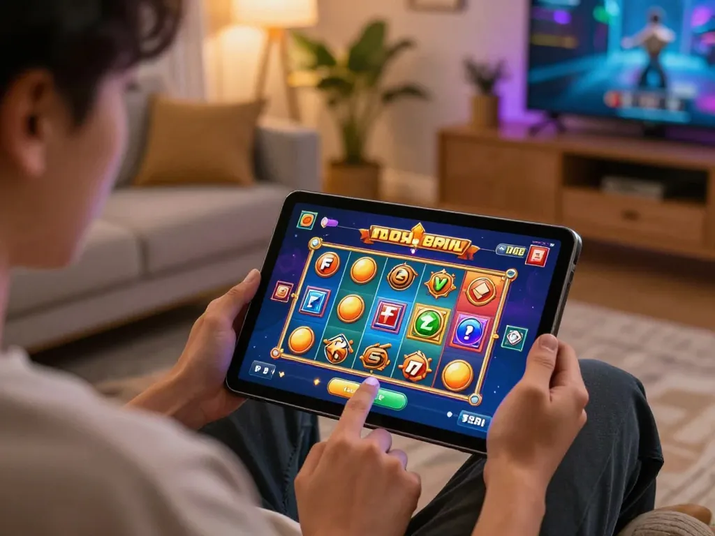 Engaging with Slot Resmi game on a tablet in a stylish home setup, showcasing online gameplay excitement.
