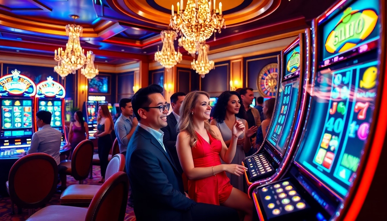 Exciting Onicplay login scene with diverse gamblers engaging in slot gameplay at a luxurious casino setting.